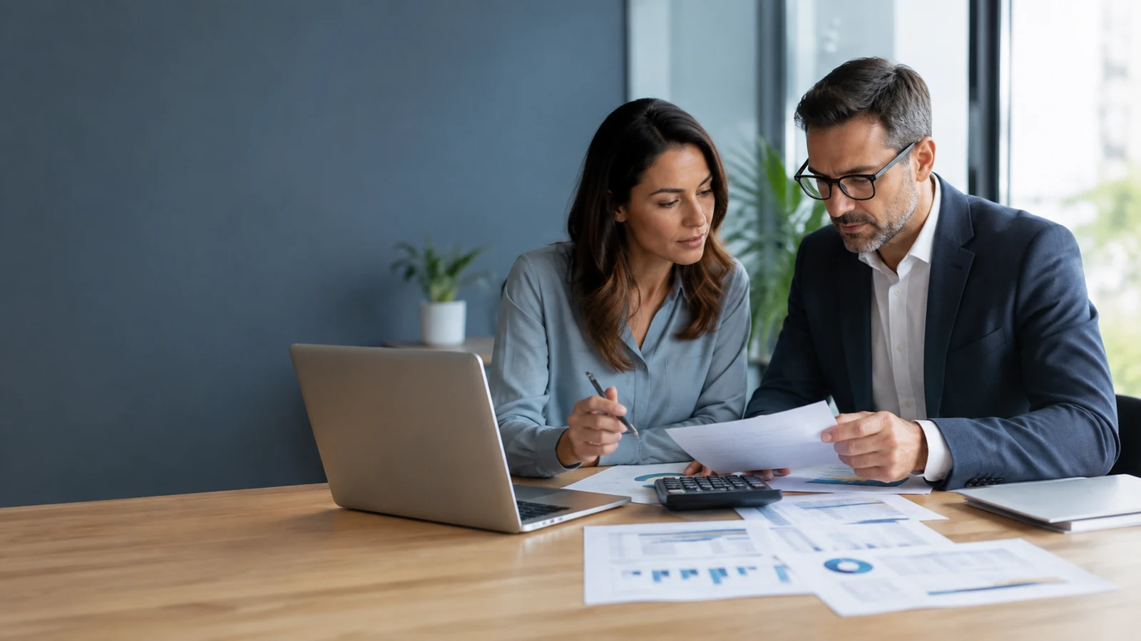 Business owners reviewing corporate tax documents, forecasts, and planning decisions with an advisor